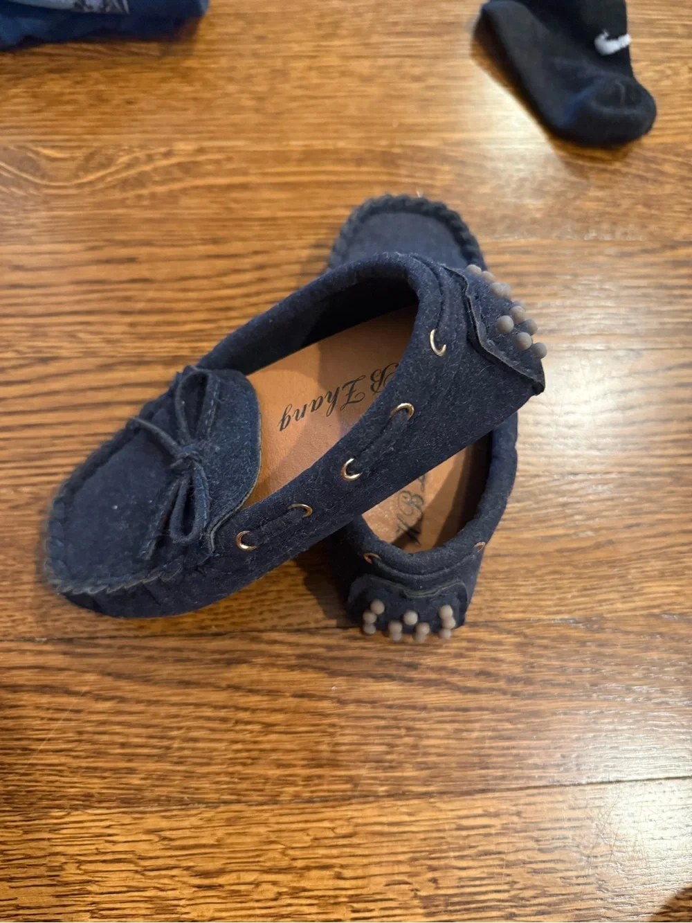 Navy Suede Moccasin Loafers with Bow